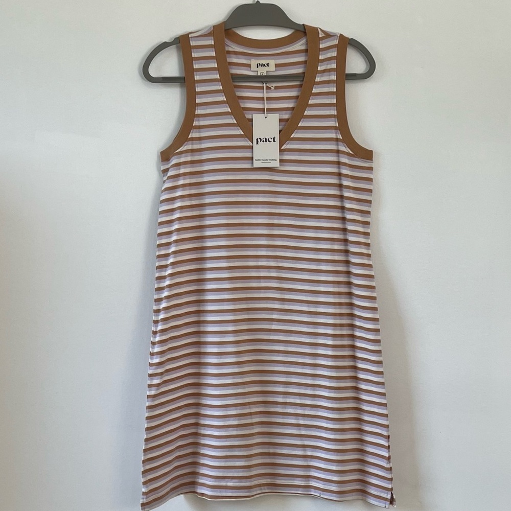 Pact Striped Sleeveless V-Neck Dress - White and Tan